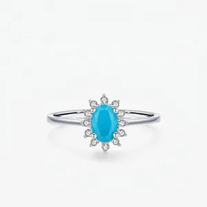 925 Sterling Silver Ring With Oval Turquoise Zircon Halo Crown Design Elegant Retro Style For Women