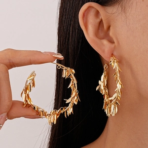 Golden metallic hoop earrings with leaf tassels and wheat spike design for women