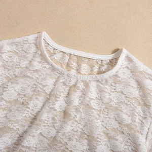 Close-up of white floral lace neckline showing intricate crochet texture and fine stitching