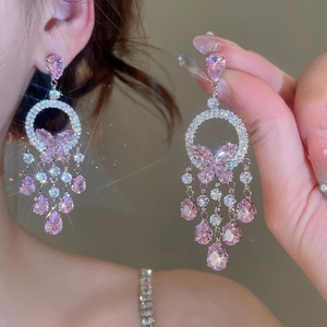 Pink zircon butterfly tassel earrings with silver ring accents for women's jewelry set