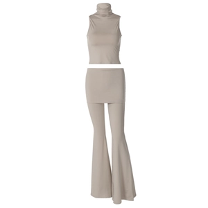Detailed look at the khaki sleeveless top, mini skirt, and flared trousers 3-piece set