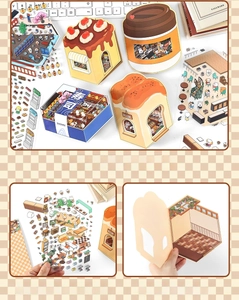 Detail of 2.5D matte scenery stickers with bakery and sushi house DIY cardstock themes