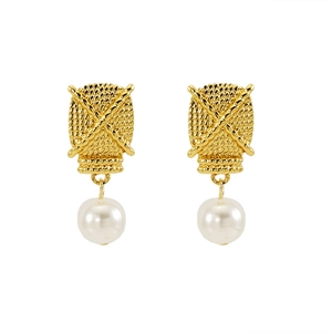 Vintage gold woven texture titanium steel earrings with round white pearl pendants