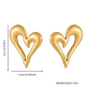 Minimalist gold heart-shaped stainless steel earrings with size and weight metrics