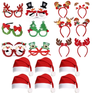 Christmas party set with 6 glasses, 6 headbands, and 6 hats in festive holiday colors