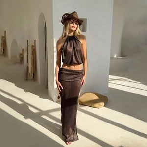 Sparkly halter crop top and slim maxi skirt two-piece set in deep bronze metallic finish