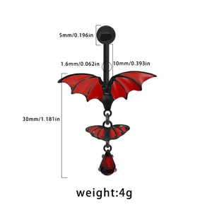 Gothic black bat belly button ring with red enamel wings and water drop gem