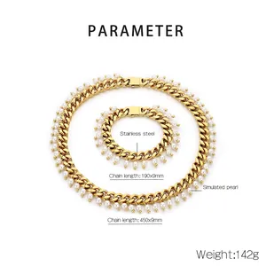 Detailed view of 9mm stainless steel Cuban link chain set with simulated pearl accents