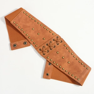 Brown faux leather corset belt with studs and lace-up detail on a white background