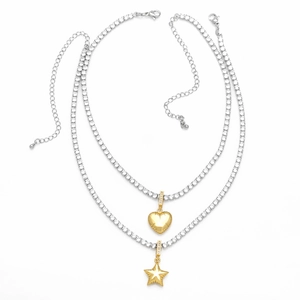 Gold heart and star pendant necklaces with shimmering zirconia silver tennis chains