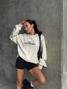 Sweat-Shirt En Coton Pour Femmes Col Rond Manches Longues Oversized Graphique Chien Imprimé Slogan Streetwear Pull Crème