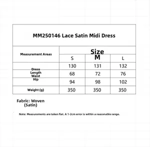 Detailed size chart for lace trim satin midi dress including length and waist measurements