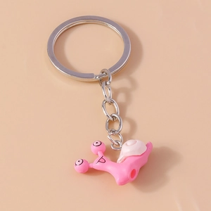Cute pink snail keychain with silver metal ring, minimalist animal backpack charm accessory