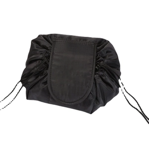 Waterproof black nylon drawstring cosmetic bag with flap closure on white background