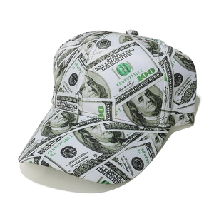 Unisex baseball cap with full 100 dollar bill print featuring Franklin and curved brim