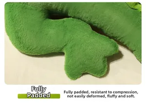 Gros plan sur le tissu doux du doudou crocodile vert avec rembourrage plein et élastique