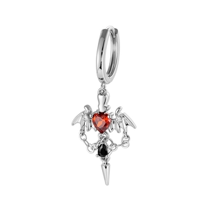 Gothic silver wing earrings with red heart zircon and black teardrop pendant design
