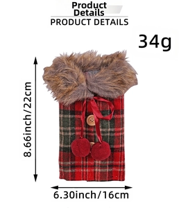 Detailed size view of red plaid Christmas wine bottle cover with faux fur collar