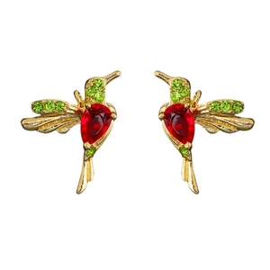 Exquisite gold hummingbird earrings with red pear-cut stones and green zircon accents