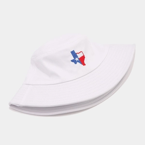 Detail of Texas state flag embroidery on a white cotton twill bucket hat with stitching