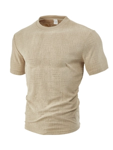 Detailed view of beige polo shirt with 3D waffle texture and interior fabric labels
