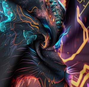 Detailed macro view of colorful neon wolf tapestry fabric with vibrant cyberpunk prints