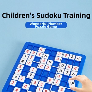 Detail showing a hand placing a number tile onto the blue Sudoku training board