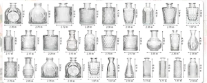 Grid display showing 27 styles of clear glass vases with dimensions for home decor