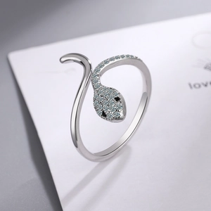 Silver snake ring with sparkling zircon stones and adjustable open band for women