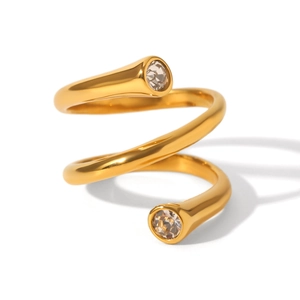 Polished 18K gold stainless steel spiral open ring with round sparkling zircons