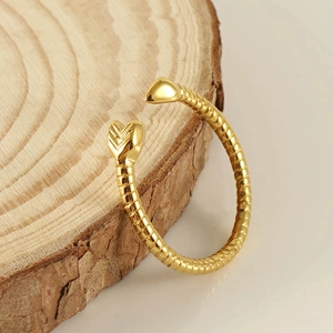 Golden stainless steel snake bone texture open bracelet with heart shaped accents