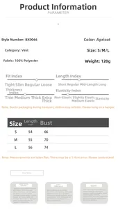Size chart for apricot satin ruffle top with measurements and fabric details