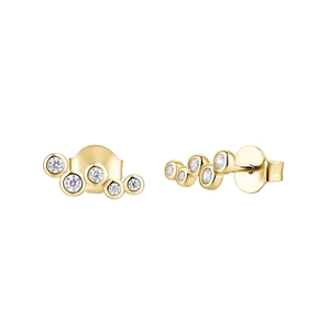 Detailed close-up of golden ear studs with clustered white zircon stones on white background