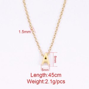 Gold stainless steel letter A necklace with 45cm chain and dimensions measurement