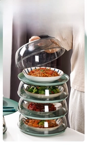 Detail of multi-layer stackable food cover with transparent lid and green base