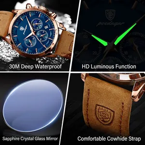 Waterproof quartz men's watch with blue dial, chronograph moon phase and leather strap