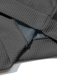 Macro detail of men's rib-knit sweater showing thick thermal brushed lining and stitching