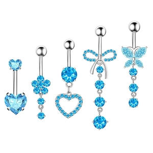 Set of five silver belly rings with blue crystals in heart, flower, and butterfly shapes