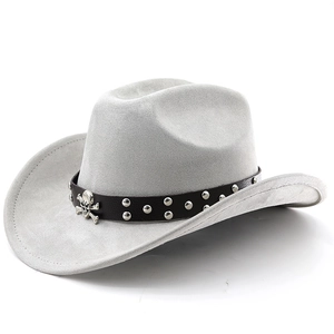 Close-up of light grey faux suede cowboy hat with skull metal stud leather band