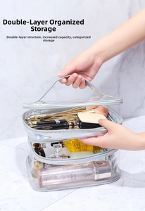 Detail view of double-layer transparent PVC cosmetic bag with silver metallic trim