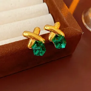 Vintage style square emerald crystal earrings with golden X-shaped metal frame