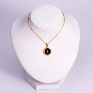 18K gold plated stainless steel necklace with round black letter I pendant for women