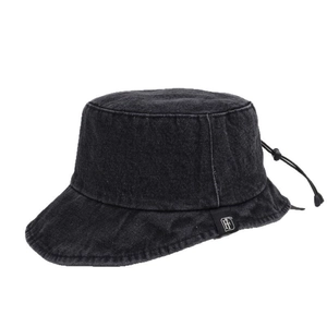 Dark grey denim bucket hat with wide brim and adjustable drawstring for custom head size