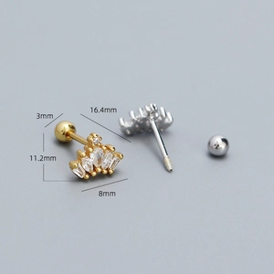 925 sterling silver crown screw-back stud earrings with dimensions in gold and silver