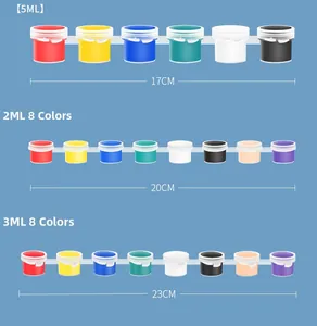 Detailed chart showing 2ml, 3ml, and 5ml acrylic paint strip dimensions and sizes