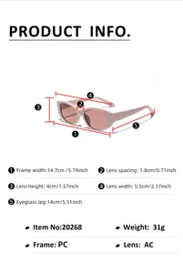 Detailed size chart for square sunglasses with PC frame and AC lens dimensions
