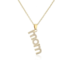 Close-up of gold plated MOM pendant necklace featuring sparkling zircon micro-paving