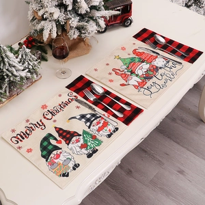 Christmas gnome placemats with red black buffalo plaid and festive burlap texture