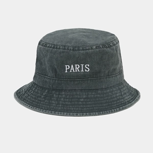 Detailed embroidery of PARIS letters on washed charcoal gray cotton denim bucket hat
