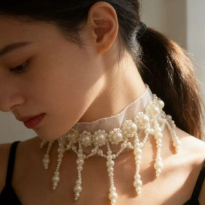 French vintage mesh choker with elegant white pearls and dangling tassels for women